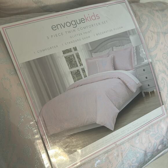 Envogue 3 Piece Twin Comforter Set Glitter Pink White Sham Pillow Ballerina NEW - Picture 1 of 5